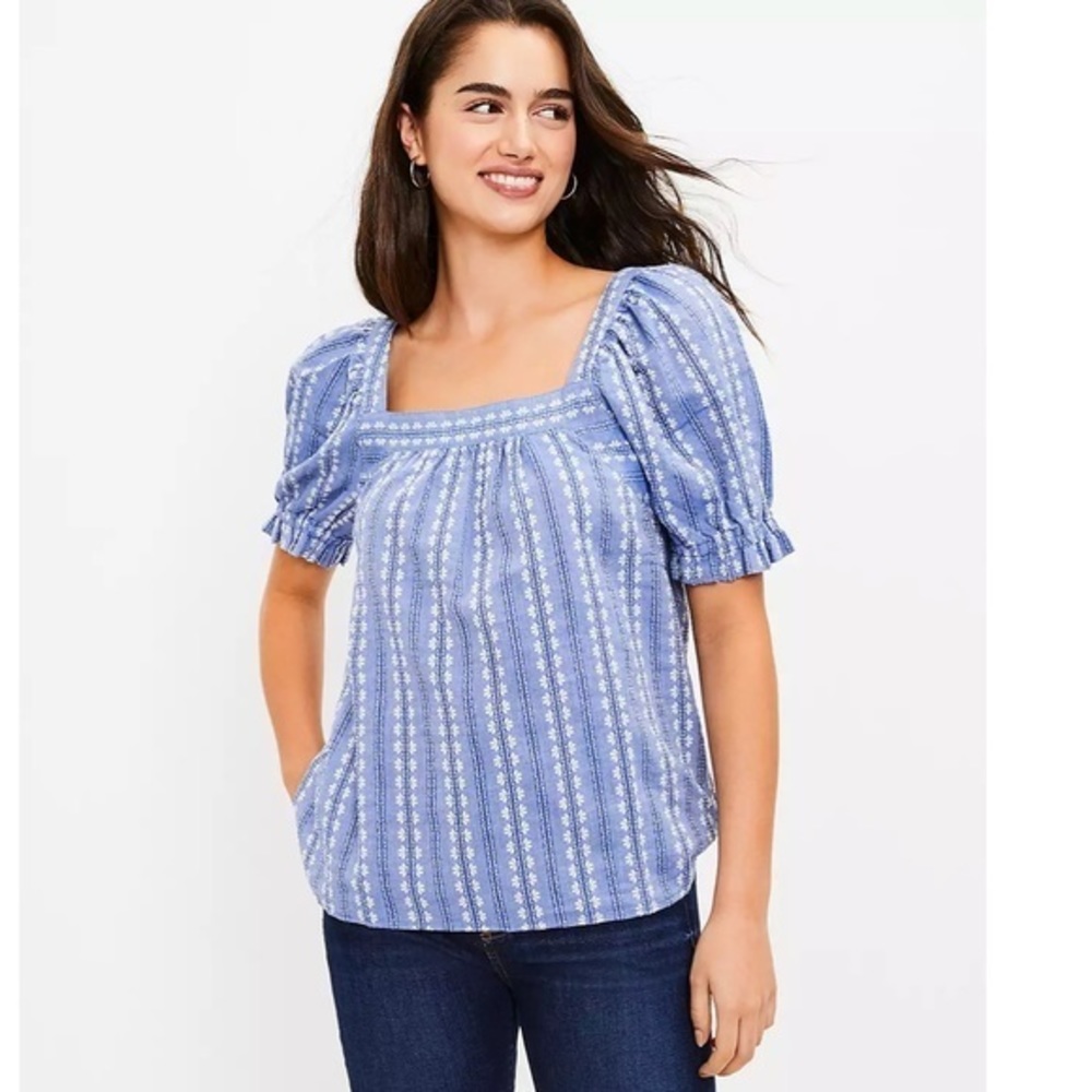 Loft Jacquard Puff Sleeve Square Neck Top